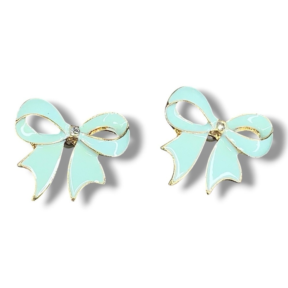 Pastel Blue Bow Rhinestone Earrings Enamel Kawaii Gift Gold Base Butterfly Back